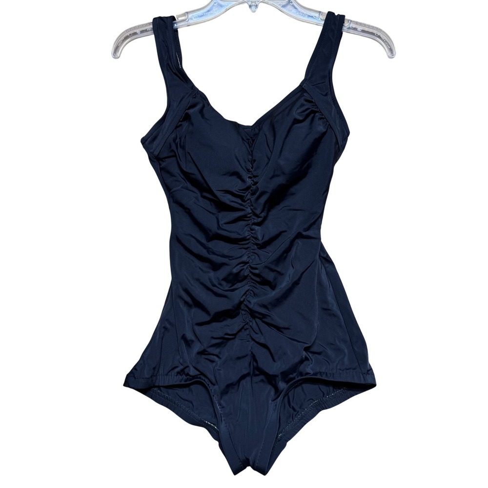 Maxine Womens Black Ruched One Piece Swimsuit Size 8 M8C6047 V-Neck Cutout Back